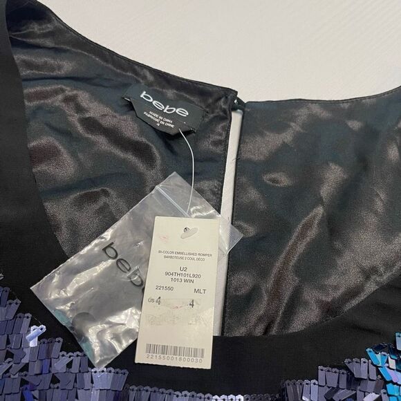 NWT BEBE Navy Blue Black Sequin Embellished Romper Jumpsuit Size 4 NEW - Picture 3 of 7